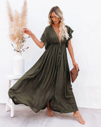 Boho Dress Women Long Flowy Button Front V Neck Short Sleeve