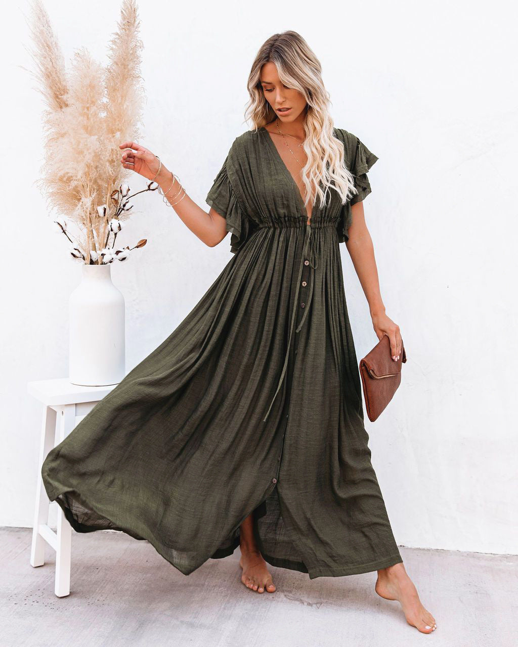 Boho Dress Women Long Flowy Button Front V Neck Short Sleeve