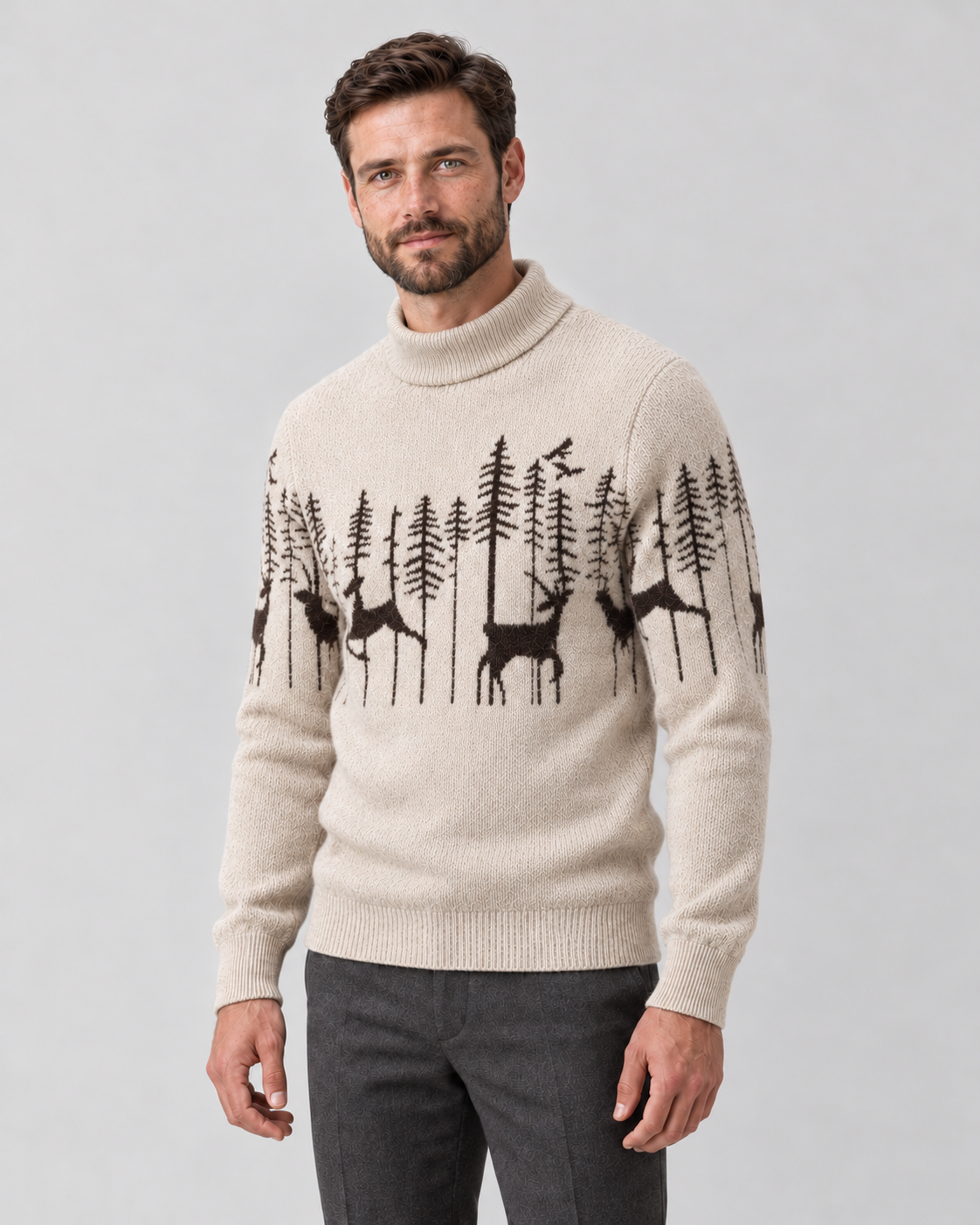 Christmas Sweater Men Festive Reindeer Jacquard Knit Mock Neck