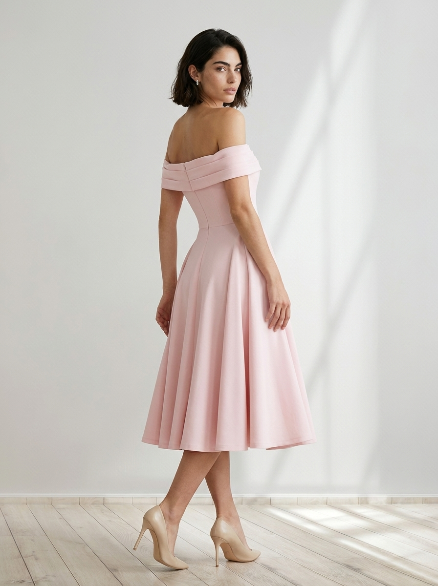 Midi Dress Women Off Shoulder Fitted Bodice Pleated Flared Skirt