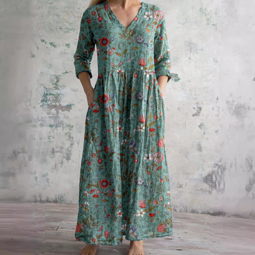Floral Dress Women V Neck Print Lightweight Breathable Fabric
