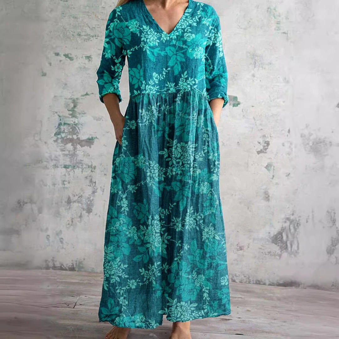 Floral Dress Women V Neck Print Lightweight Breathable Fabric