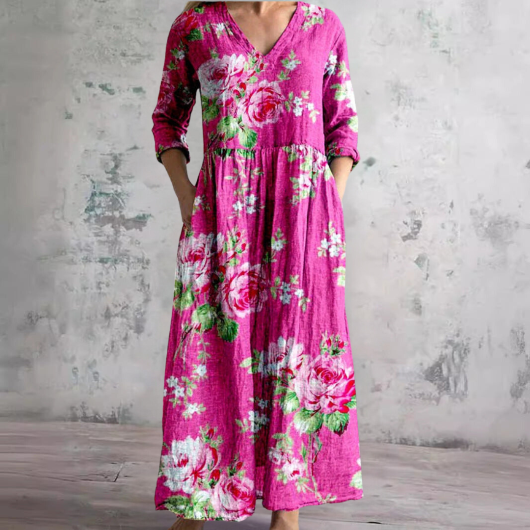 Floral Dress Women V Neck Print Lightweight Breathable Fabric