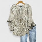 Women Floral Blouse Ruffled Sleeves V Neck