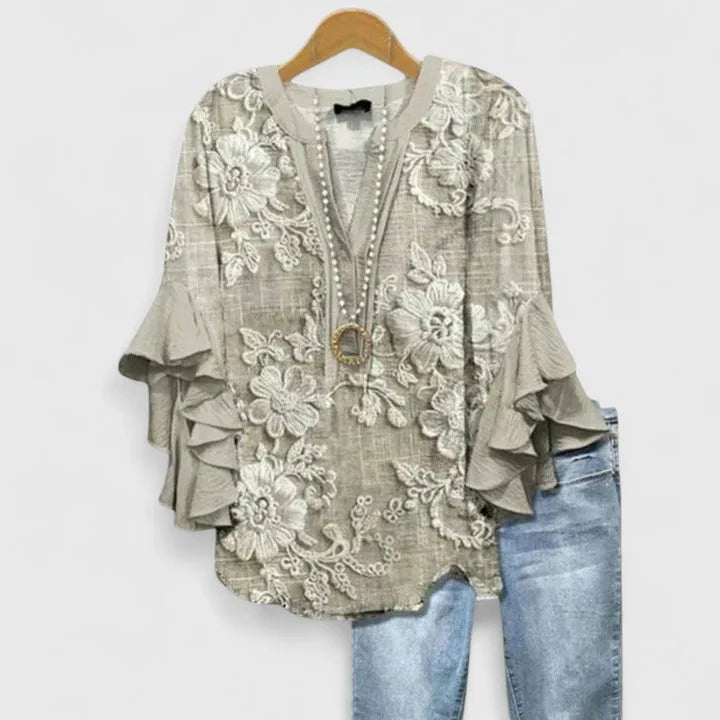 Women Floral Blouse Ruffled Sleeves V Neck