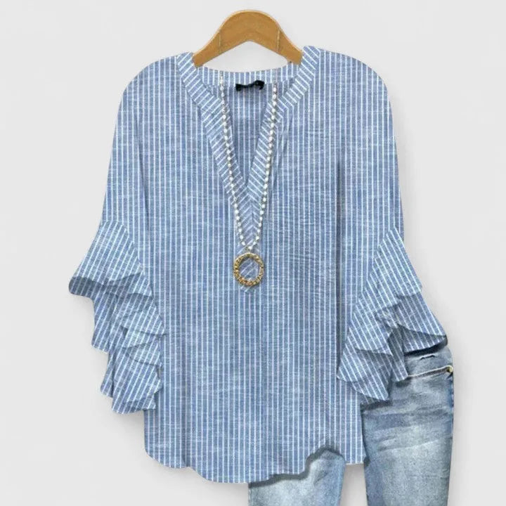 Women Floral Blouse Ruffled Sleeves V Neck