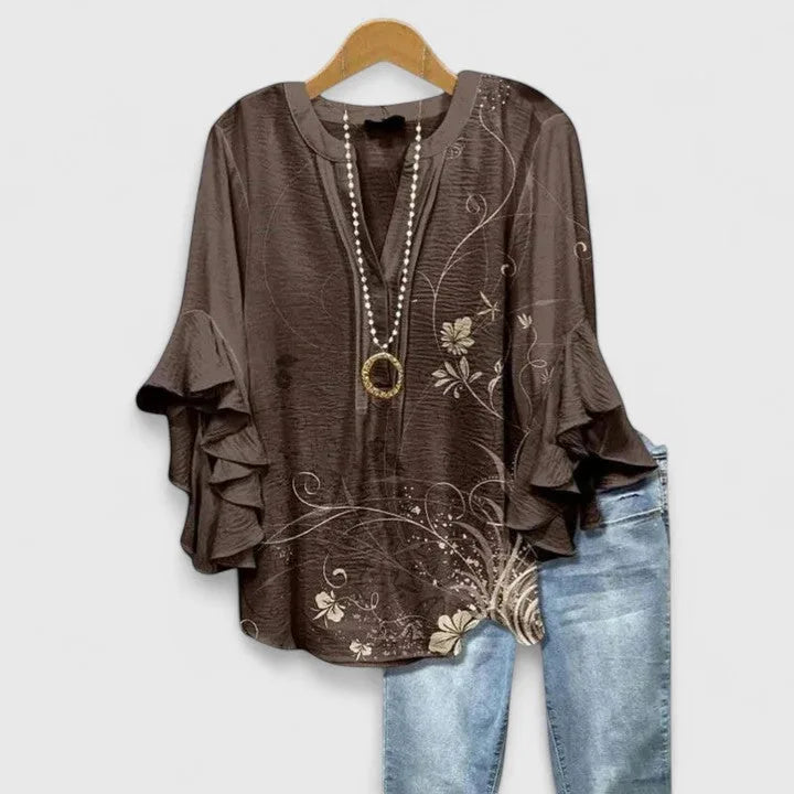 Women Floral Blouse Ruffled Sleeves V Neck