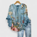 Women Floral Blouse Ruffled Sleeves V Neck