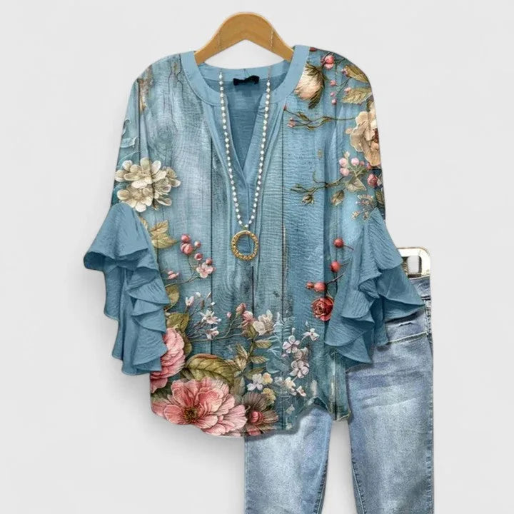 Women Floral Blouse Ruffled Sleeves V Neck