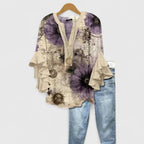 Women Floral Blouse Ruffled Sleeves V Neck