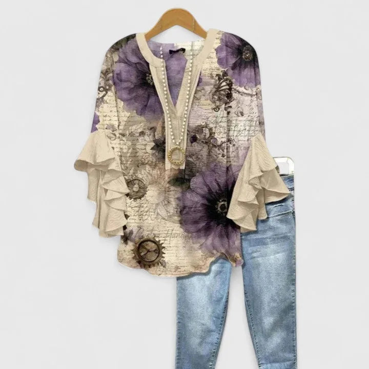 Women Floral Blouse Ruffled Sleeves V Neck