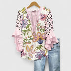 Women Floral Blouse Ruffled Sleeves V Neck