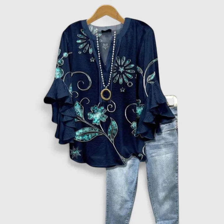 Women Floral Blouse Ruffled Sleeves V Neck