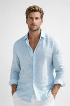 Linen Shirt Men Long Sleeve Button Front Collared Casual
