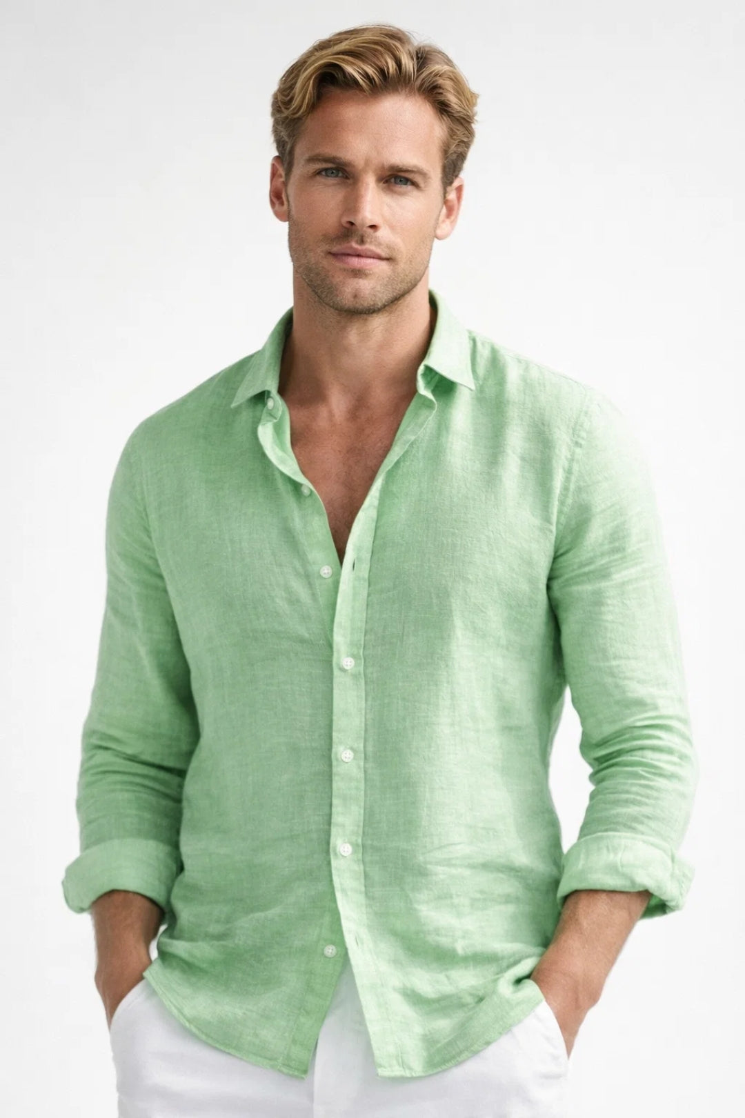 Linen Shirt Men Long Sleeve Button Front Collared Casual