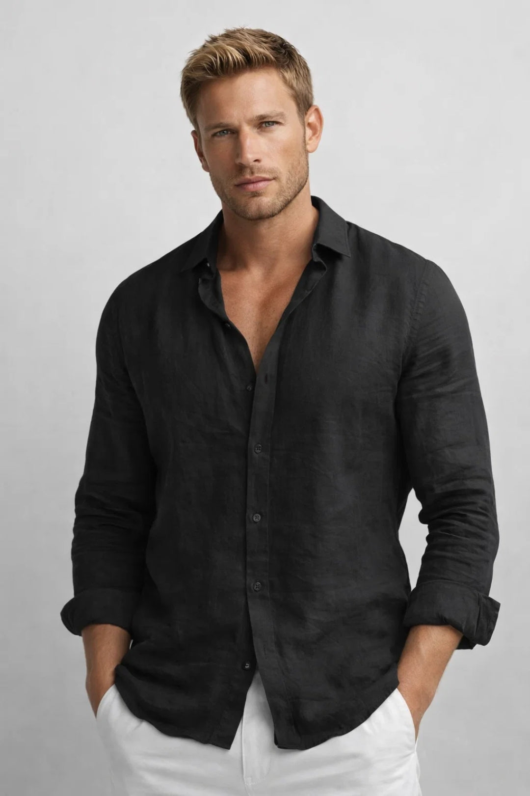 Linen Shirt Men Long Sleeve Button Front Collared Casual