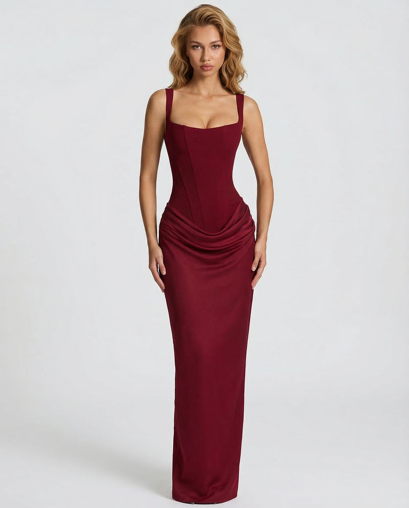 Maxi Dress Corset Bodice Draped Skirt Square Neckline | Clea