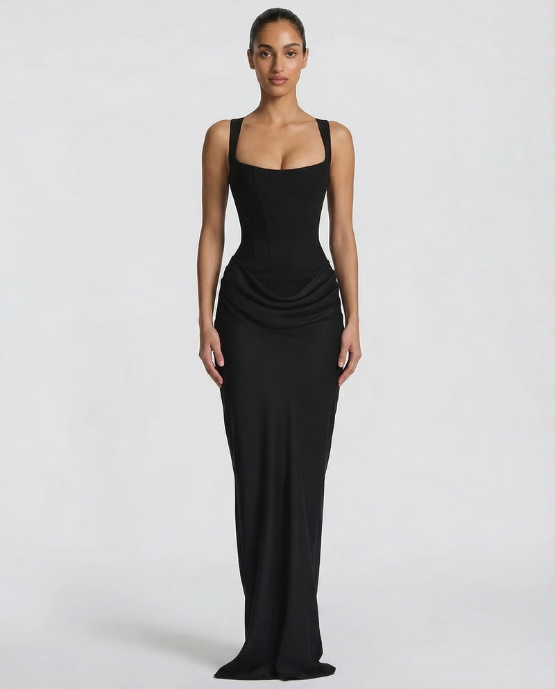 Maxi Dress Corset Bodice Draped Skirt Square Neckline | Clea