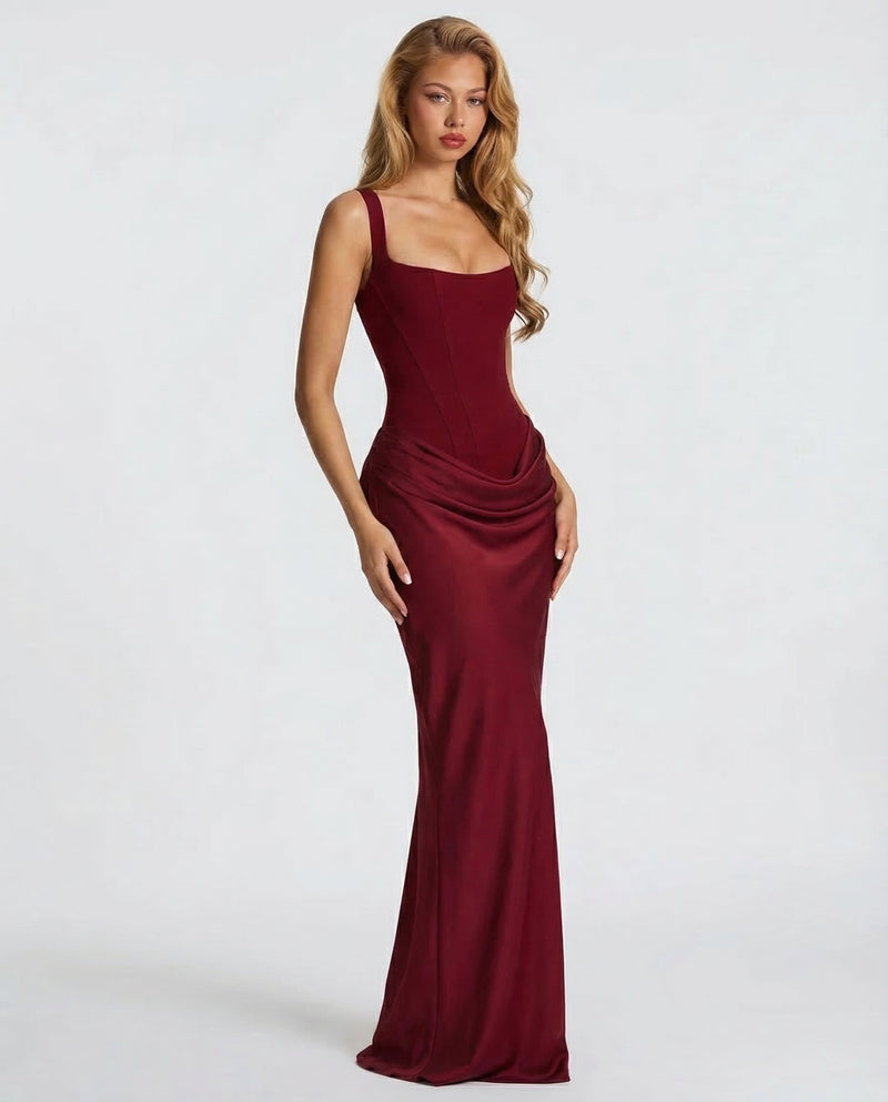 Maxi Dress Corset Bodice Draped Skirt Square Neckline | Clea