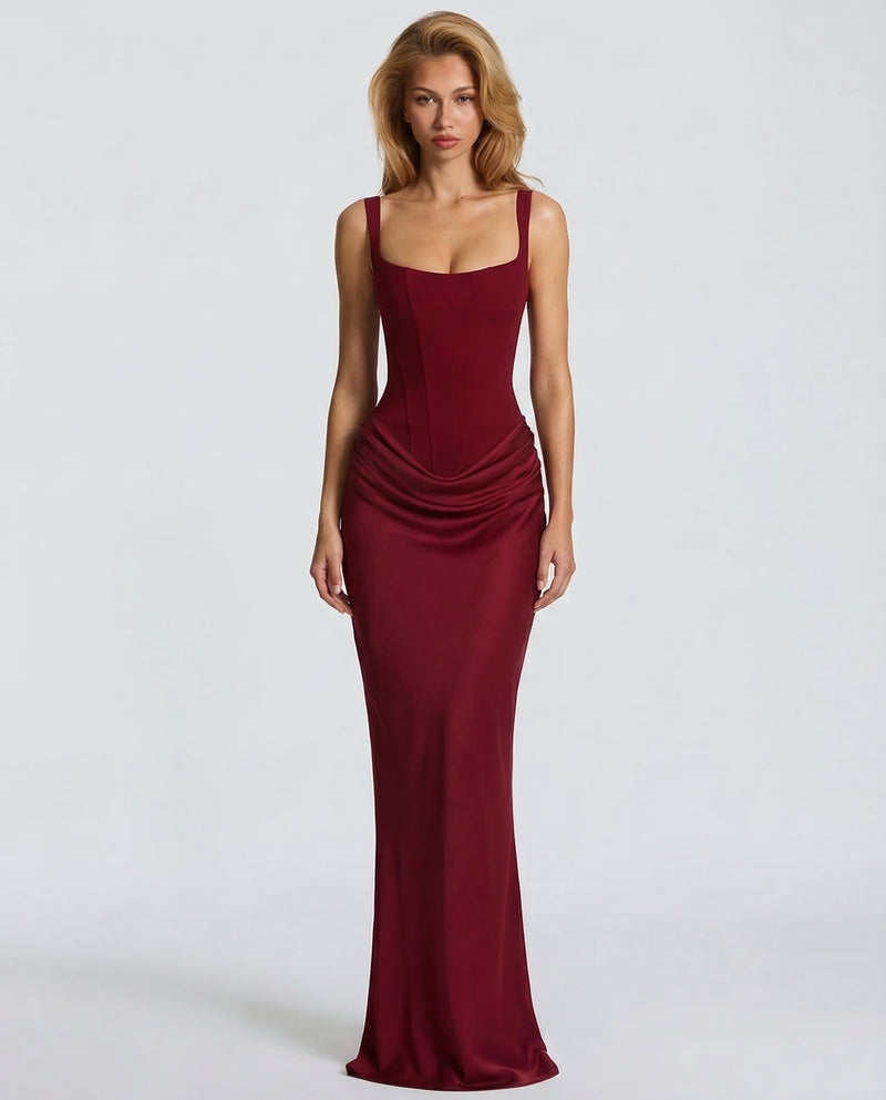 Maxi Dress Corset Bodice Draped Skirt Square Neckline | Clea