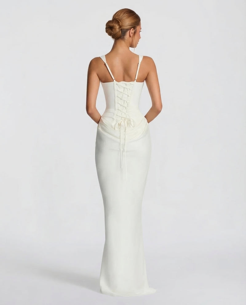 Maxi Dress Corset Bodice Draped Skirt Square Neckline | Clea