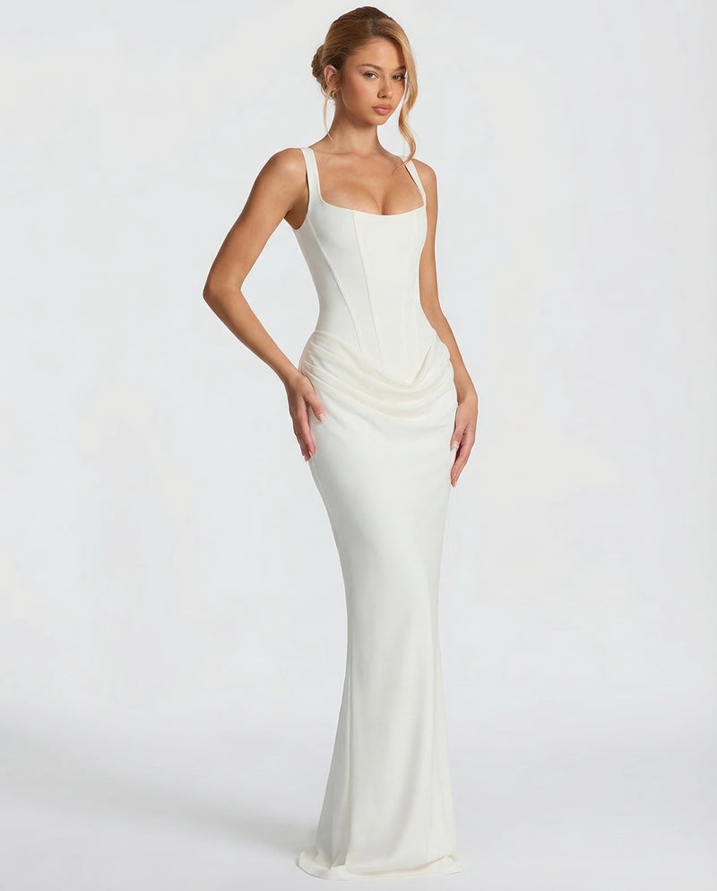 Maxi Dress Corset Bodice Draped Skirt Square Neckline | Clea