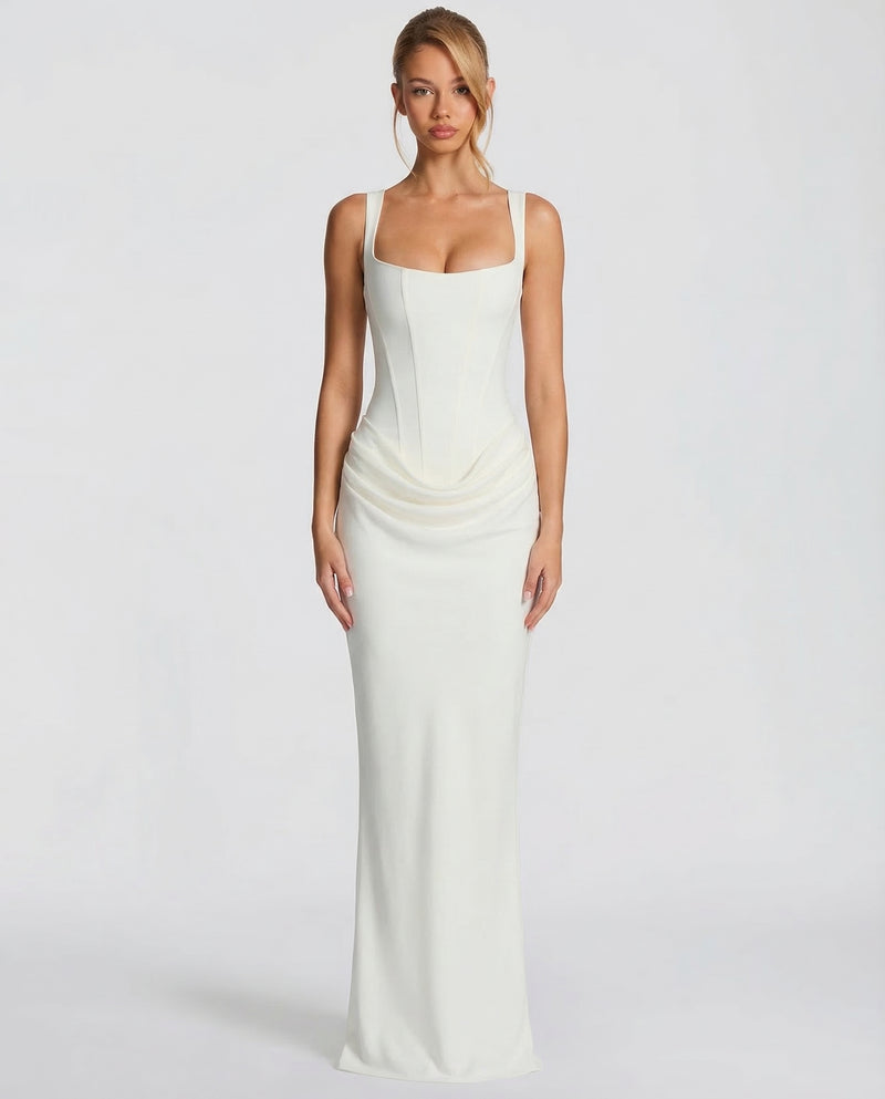 Maxi Dress Corset Bodice Draped Skirt Square Neckline | Clea