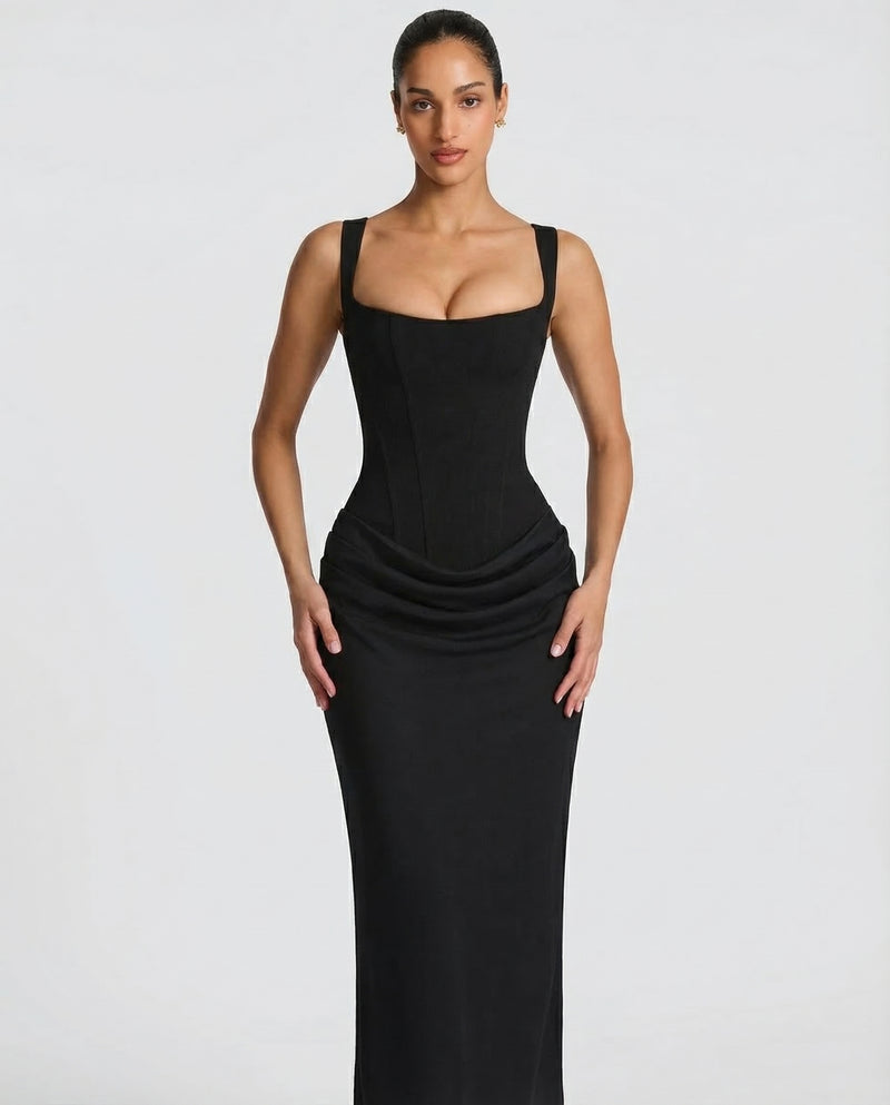 Maxi Dress Corset Bodice Draped Skirt Square Neckline | Clea