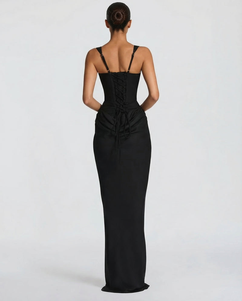 Maxi Dress Corset Bodice Draped Skirt Square Neckline | Clea