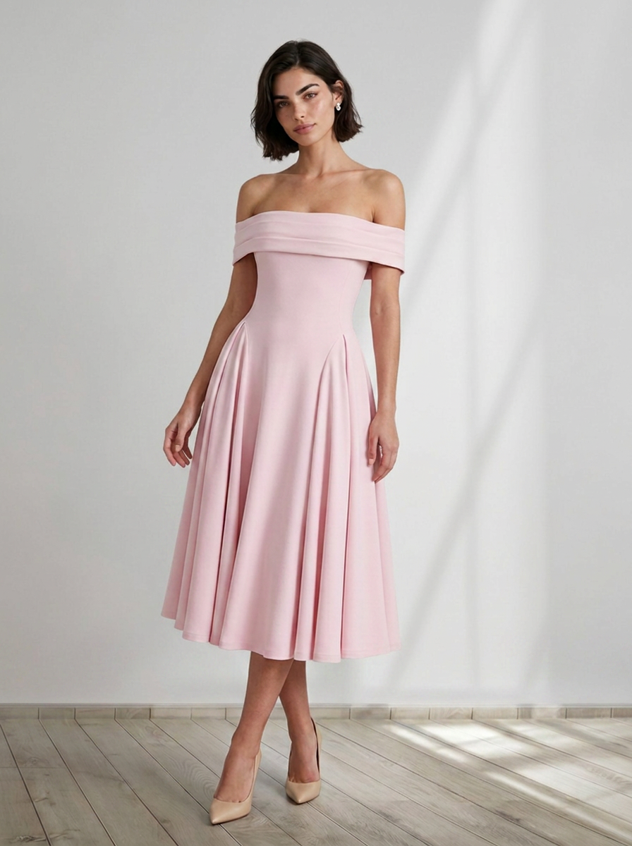 Midi Dress Women Off Shoulder Fitted Bodice Pleated Flared Skirt