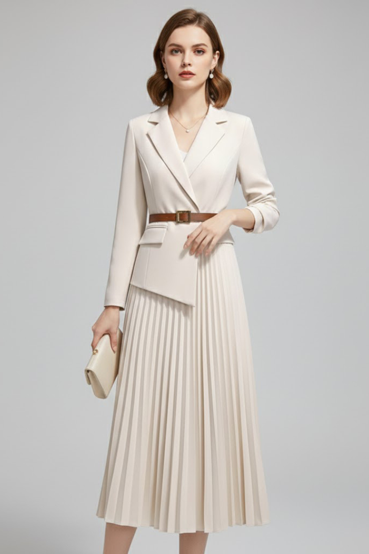 Summer Dress | Belted Blazer Dress | Long Sleeve V Neck Pleated Skirt