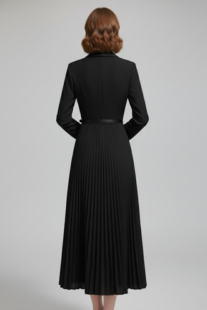Summer Dress | Belted Blazer Dress | Long Sleeve V Neck Pleated Skirt