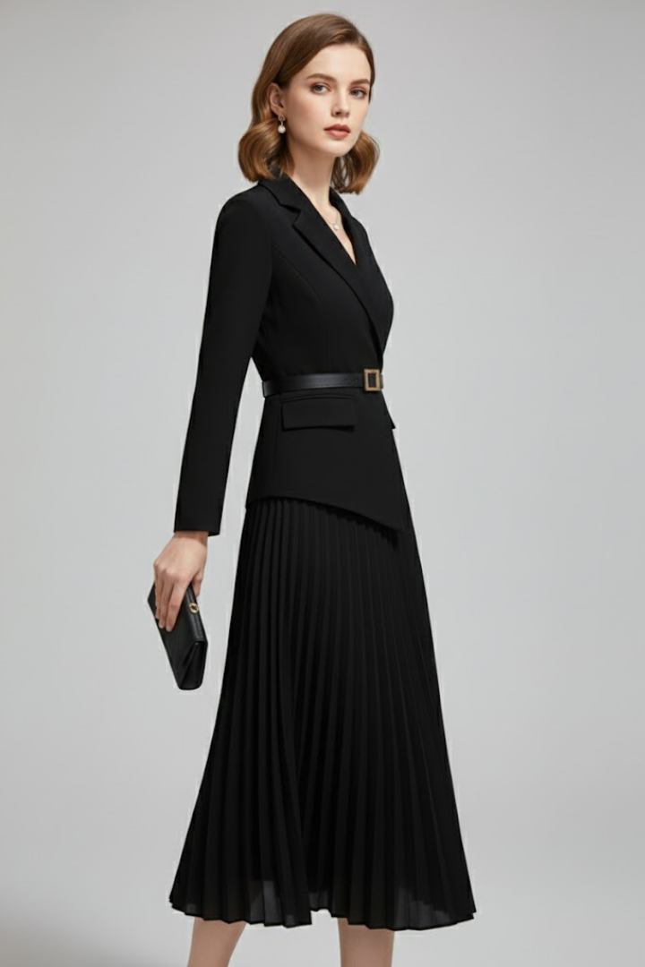 Summer Dress | Belted Blazer Dress | Long Sleeve V Neck Pleated Skirt