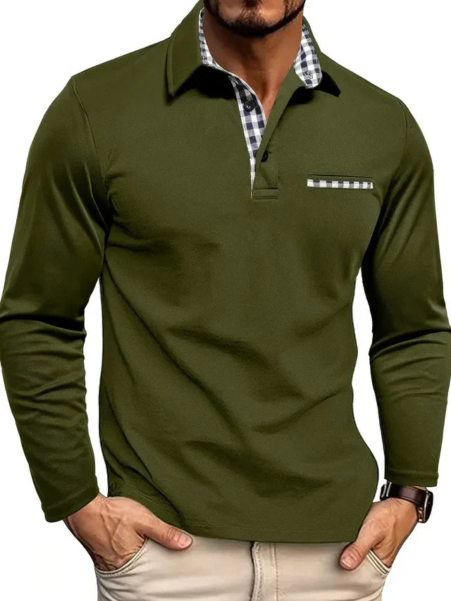 Polo Shirt Men Long Sleeve Smart Casual Contrast Collar Chest Pocket