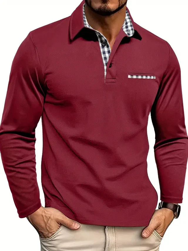 Polo Shirt Men Long Sleeve Smart Casual Contrast Collar Chest Pocket