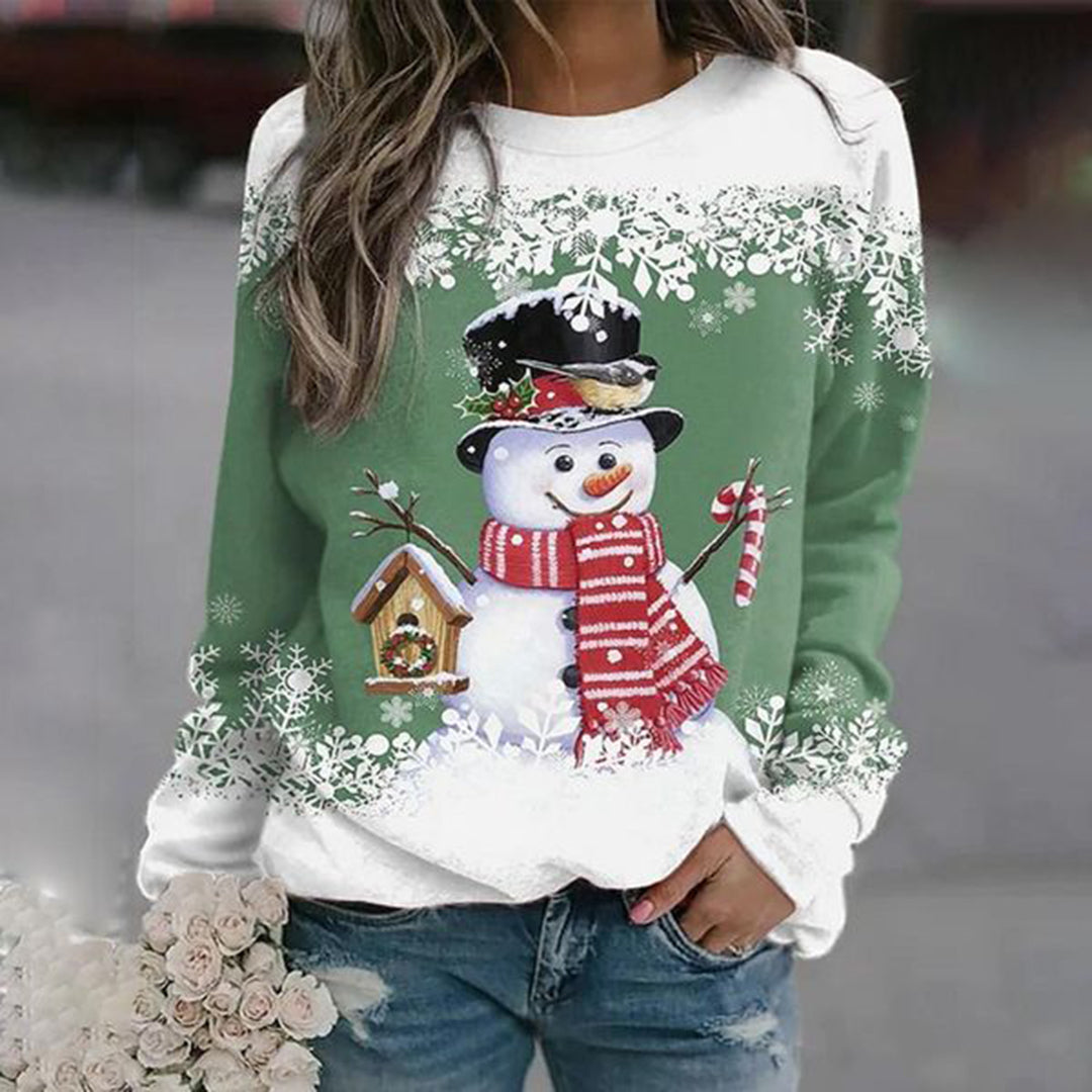 Christmas Sweater Women Snowman Print Stretch Holiday Pullover