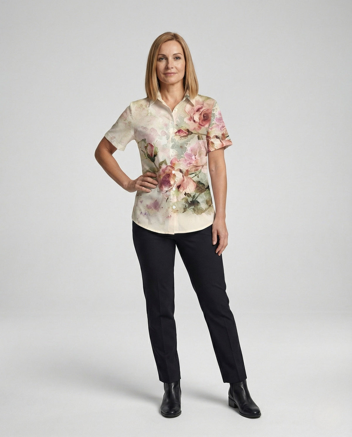 Zara | Women's Shirt Blouse | Watercolour Floral, Side Slits | Short Sleeve