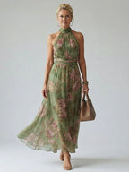 Midi Dress Floral Halter Gathered Bodice Sleeveless | Soraya