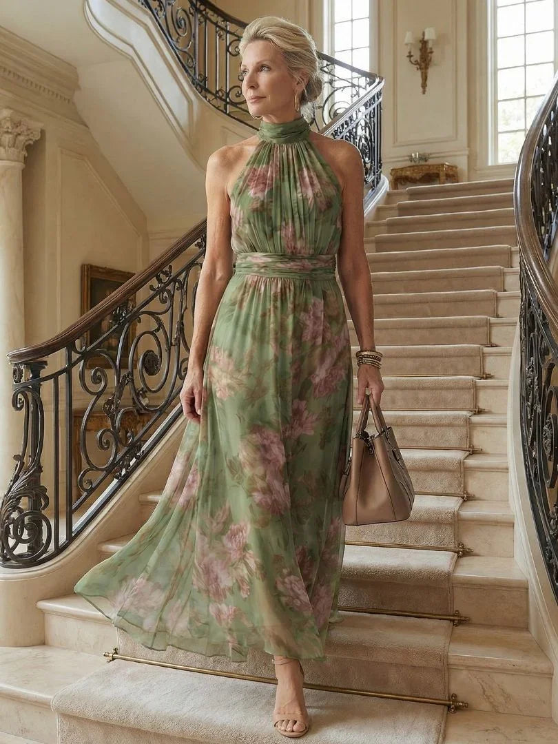 Midi Dress Floral Halter Gathered Bodice Sleeveless | Soraya