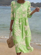 Maren | Floral Midi Dress | Women's Round Neck, Linen-Cotton | Summer