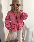 Dahlia | Women's Heart Blouse | Gingham, Ruffle, Tie-Front | Romantic