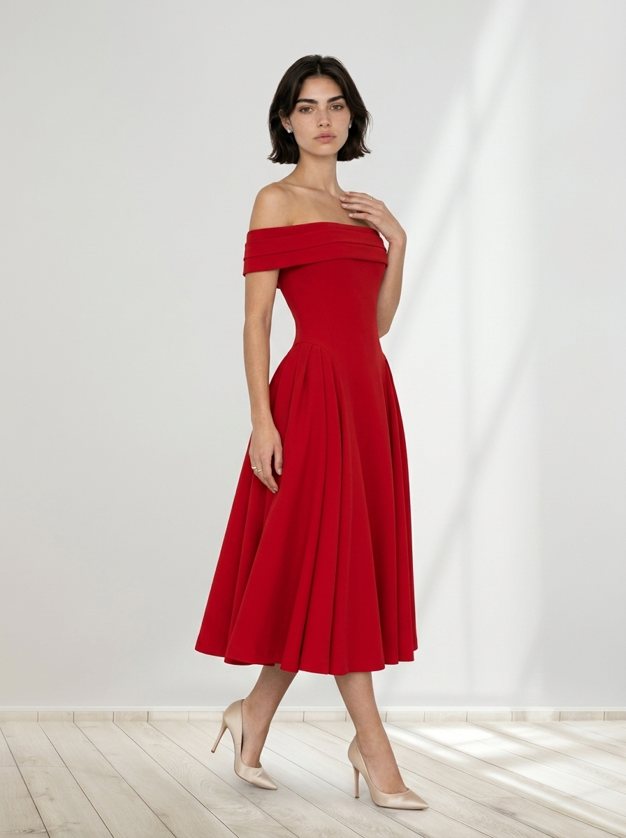 Midi Dress Women Off Shoulder Fitted Bodice Pleated Flared Skirt