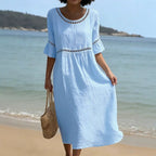 Linen Dress Women Midi Length Boho Hollow Out Flared Sleeve Relaxed Fit