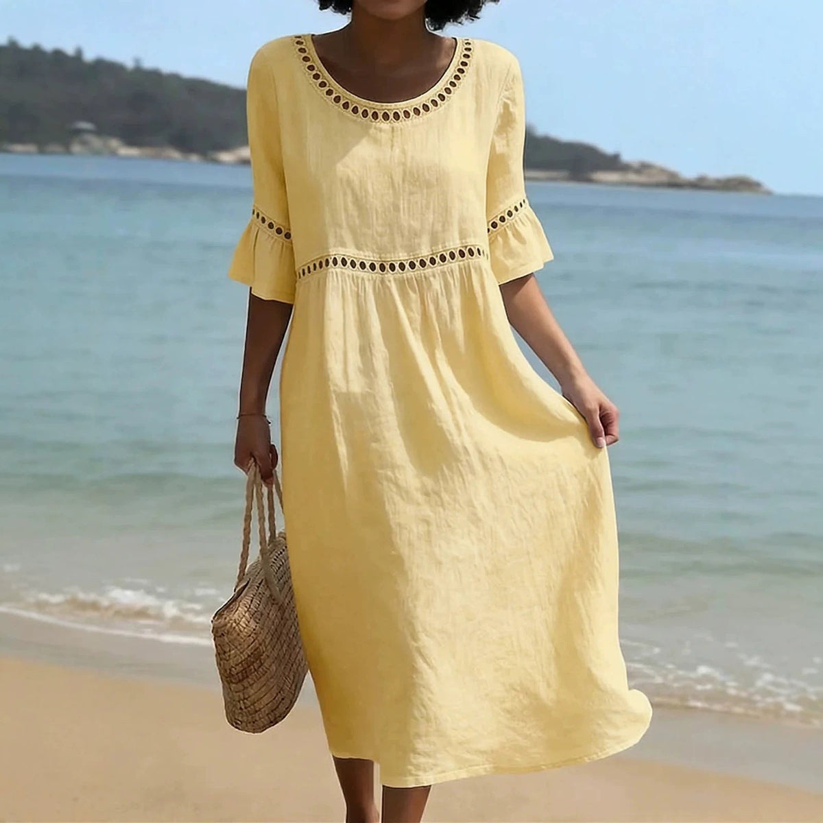 Linen Dress Women Midi Length Boho Hollow Out Flared Sleeve Relaxed Fit