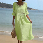 Linen Dress Women Midi Length Boho Hollow Out Flared Sleeve Relaxed Fit