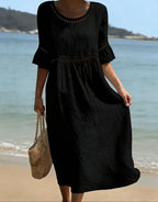 Linen Dress Women Midi Length Boho Hollow Out Flared Sleeve Relaxed Fit