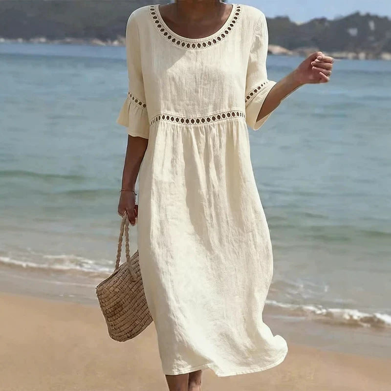Linen Dress Women Midi Length Boho Hollow Out Flared Sleeve Relaxed Fit