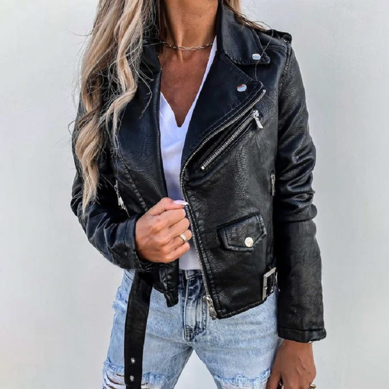 Ottoline | Women's Biker Jacket | Lapel Collar, Structured Fit | Black & Burgundy
