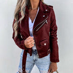 Ottoline | Women's Biker Jacket | Lapel Collar, Structured Fit | Black & Burgundy