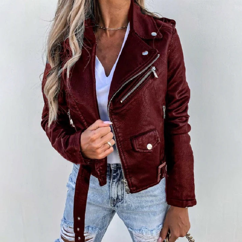 Ottoline | Women's Biker Jacket | Lapel Collar, Structured Fit | Black & Burgundy